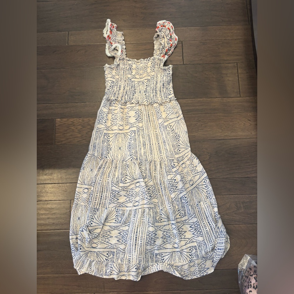 THML Cream and Blue smocked maxi dress